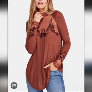 Free People Saheli Embroidered Mesh Long-Sleeve Top Rust Boho Floral Lace Tunic
